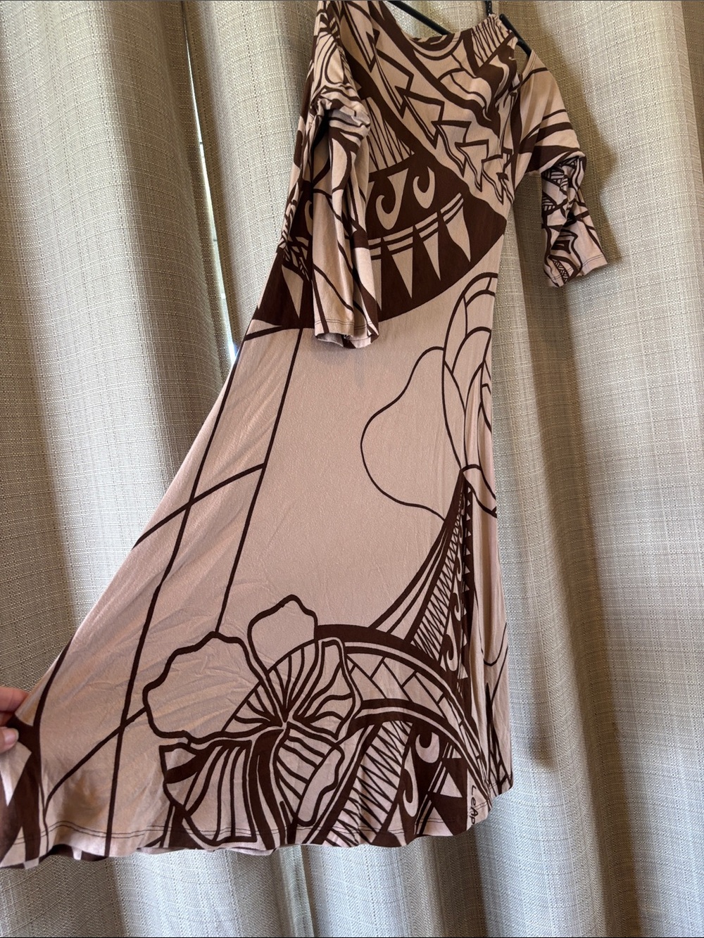 Cold-Shoulder Midi Dress in Beige and Brown Tribal Print - Picture 7 of 10